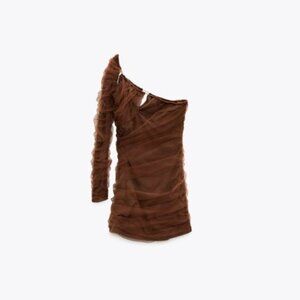 NWT Zara brown cut out tulle single sleeve mini dress, L
